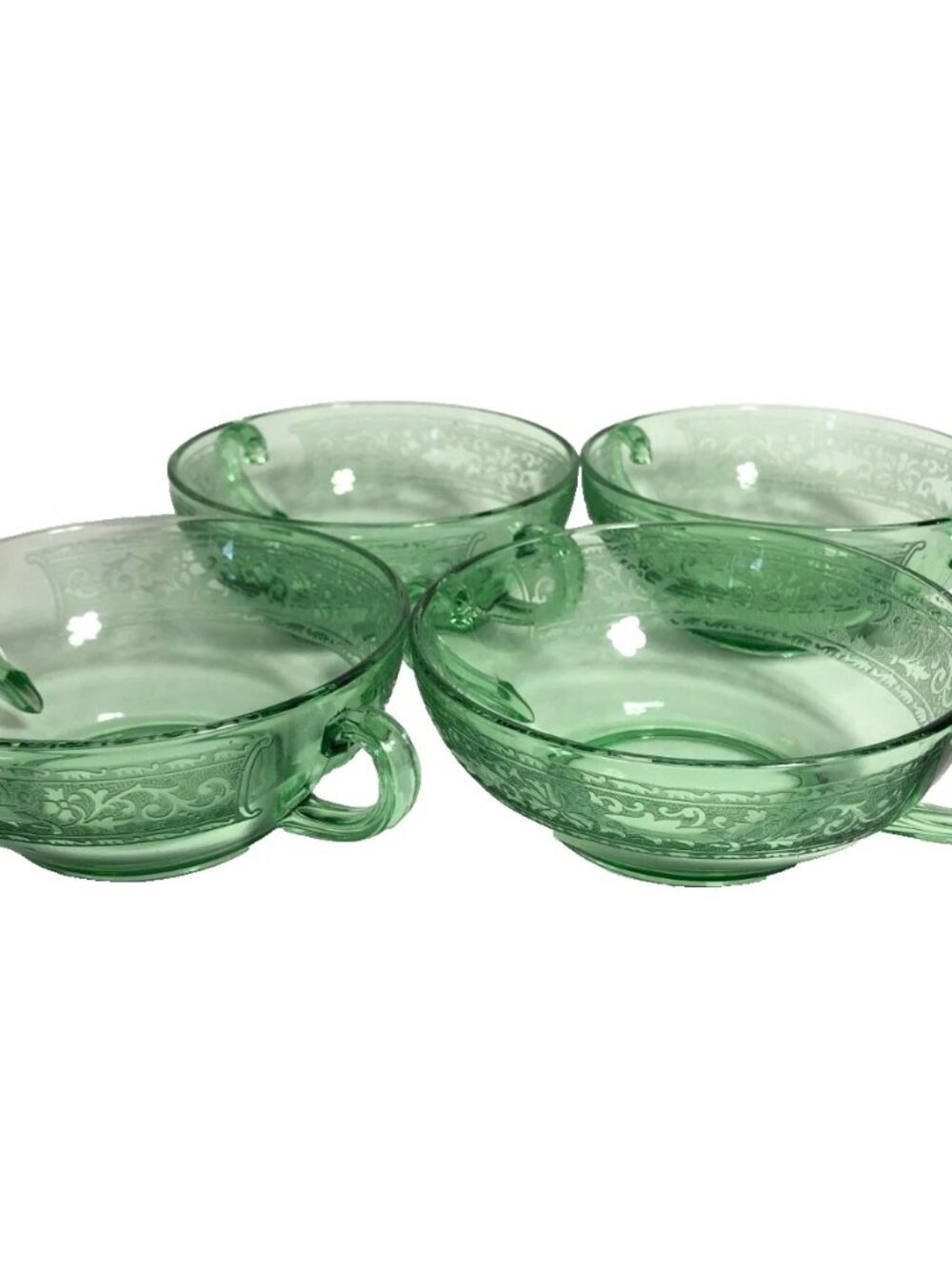 Antique Green Uranium Vaseline Etched Glass 4 7/8" Handled Soup Bowls